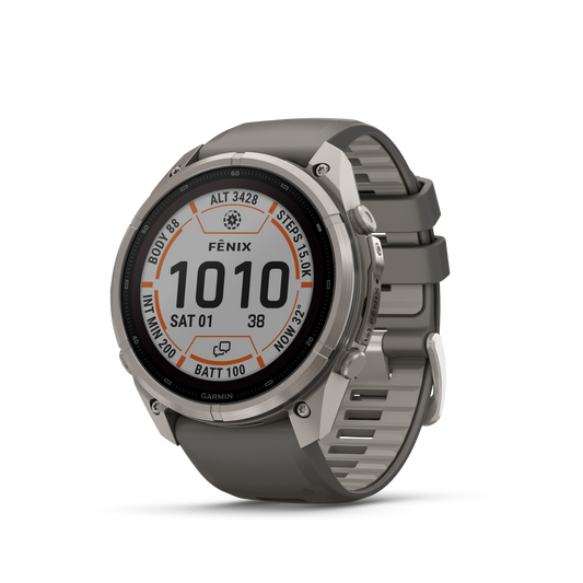 Garmin Fenix 9 Pro Solar smart watch, titanium 51mm case with gray-silver silicone band