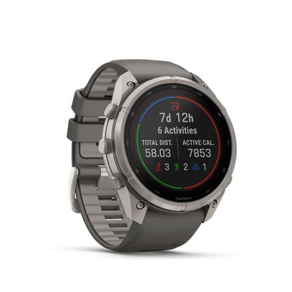 Garmin Fenix 9 Pro Solar Titanium 51mm smartwatch with gray and silver silicone band