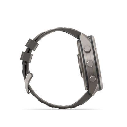 Garmin Fenix 9 Pro Solar smartwatch with titanium case and gray-silver silicone band (side view)