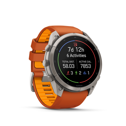 Garmin Fenix 9 Pro inReach AMOLED smartwatch with 51mm titanium case and orange silicone band