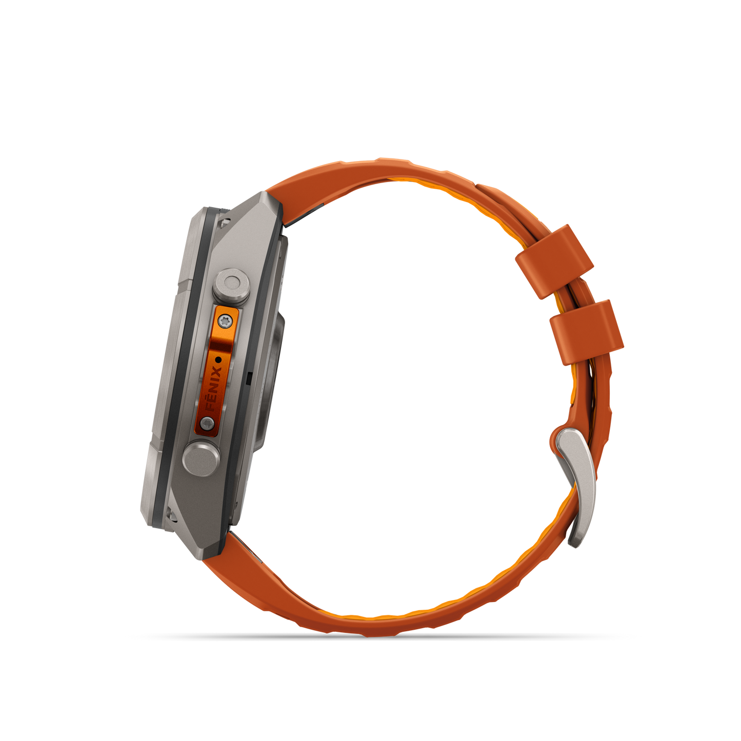Garmin Fenix 9 Pro inReach AMOLED smartwatch, 51mm titanium case, orange silicone band, side view, angled.