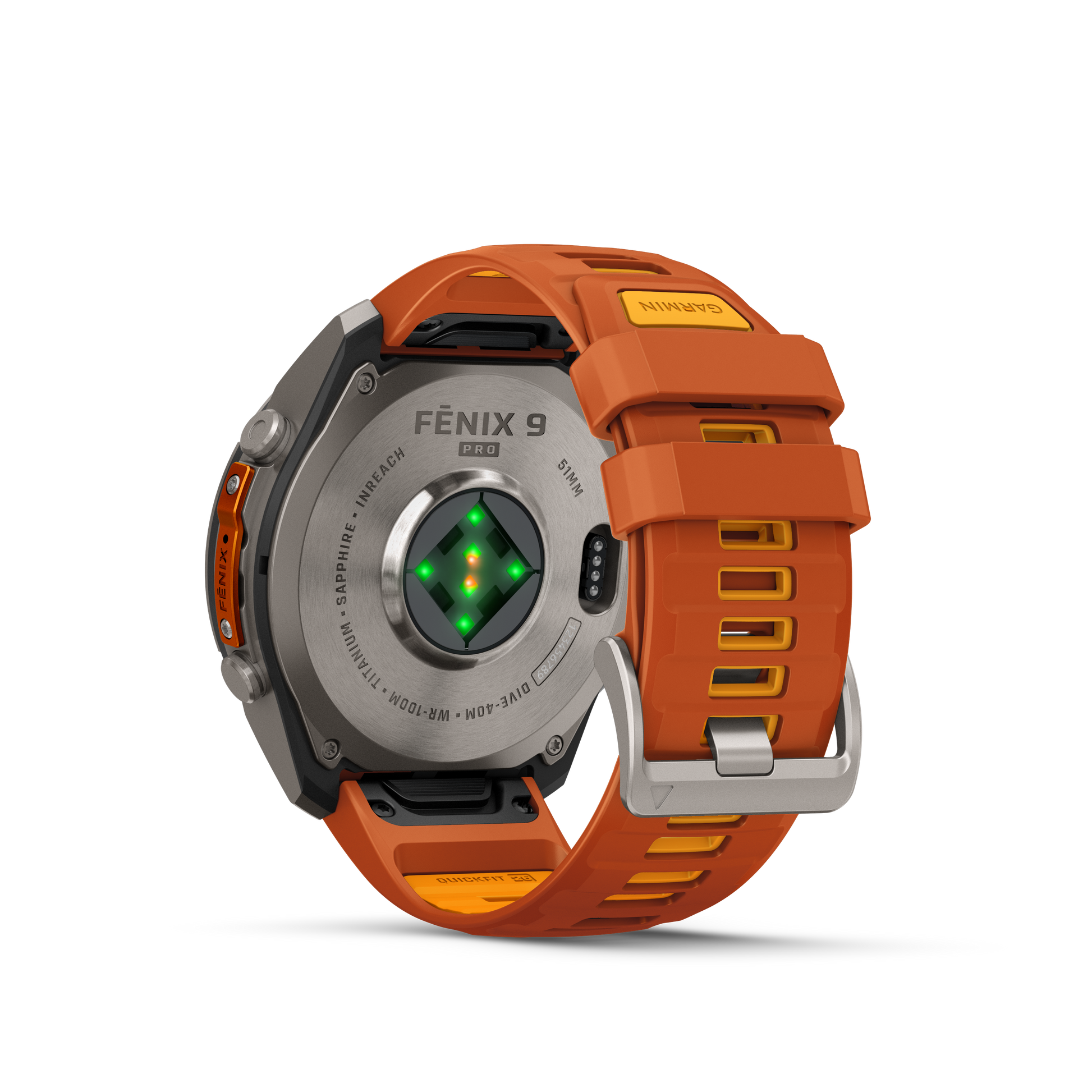 Garmin Fenix 9 Pro inReach AMOLED smartwatch, 51mm titanium case with orange silicone band.