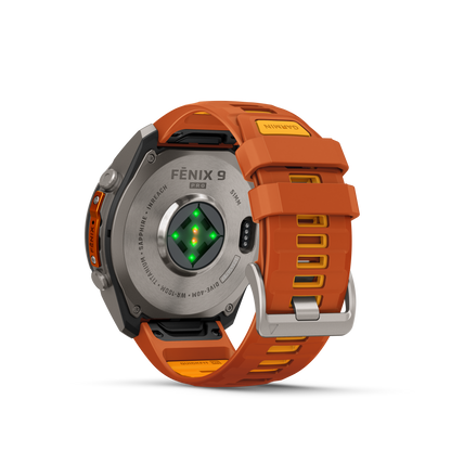 Garmin Fenix 9 Pro inReach AMOLED smartwatch, 51mm titanium case with orange silicone band.