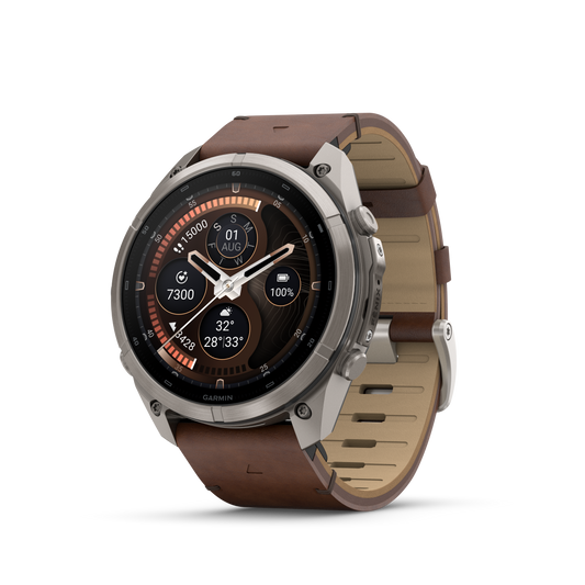 Garmin Fenix 9 Pro inReach AMOLED smartwatch with 51mm titanium case and walnut leather plus gray-silver silicone strap