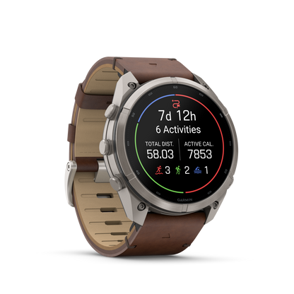 Garmin Fenix 9 Pro inReach AMOLED smartwatch, 51mm titanium case with walnut leather and gray-silver silicone band
