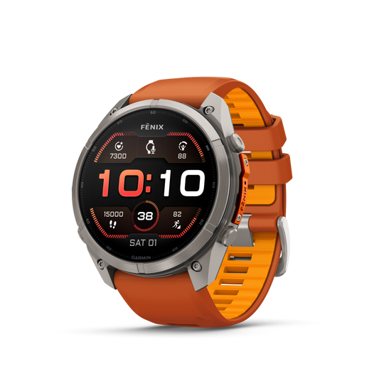 Garmin Fenix 9 Pro AMOLED smartwatch with 51mm titanium case and orange silicone band