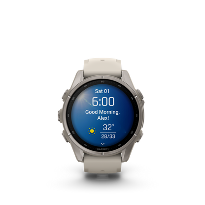 Garmin Fenix 9 AMOLED 43mm titanium smartwatch with gray silicone band