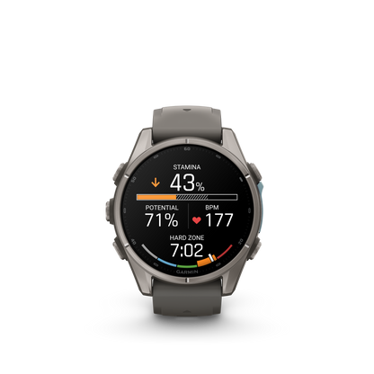 Garmin Fenix 9 AMOLED smartwatch, 43mm titanium case with gray silicone band.