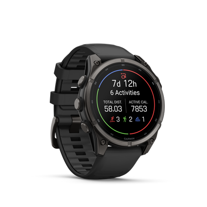 Garmin Fenix 9 AMOLED 47mm DLC Titanium smartwatch with black silicone band