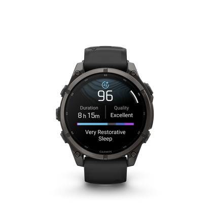 Garmin Fenix 9 AMOLED 47mm DLC Titanium smartwatch with black silicone band