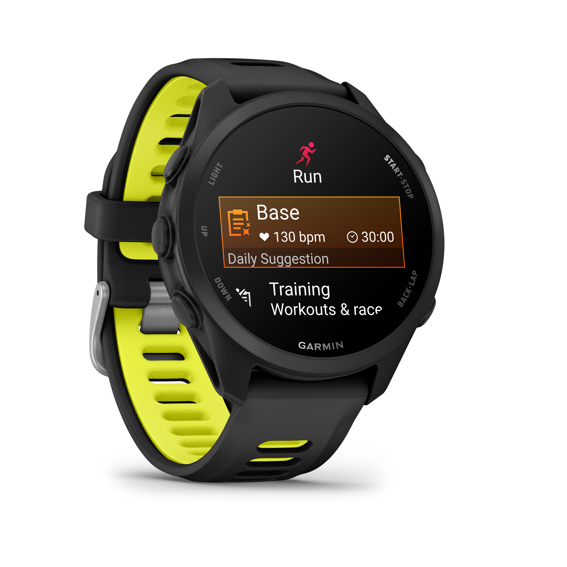 Garmin Forerunner 170 Music smartwatch with black body and neon yellow strap.