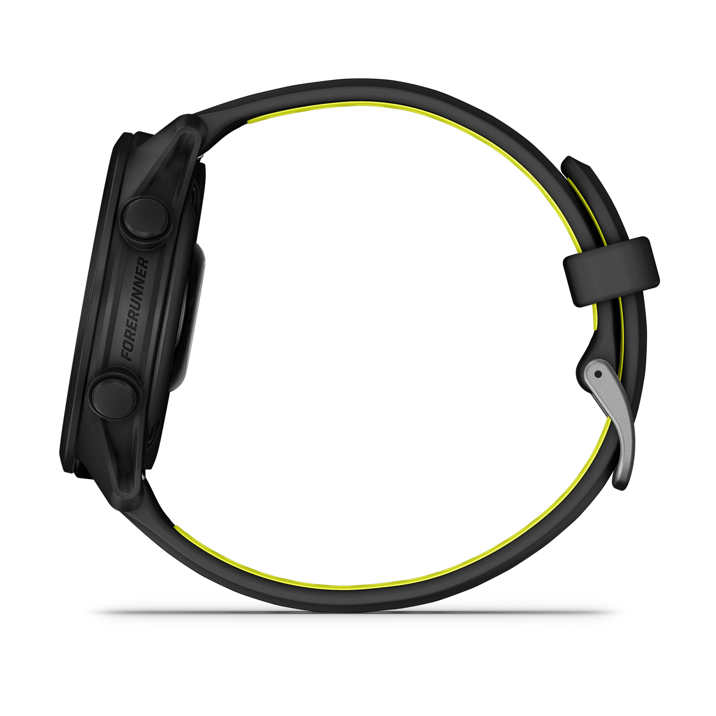 Garmin Forerunner 170 Music smartwatch, black body with bright yellow strap edge, side view highlighting controls.