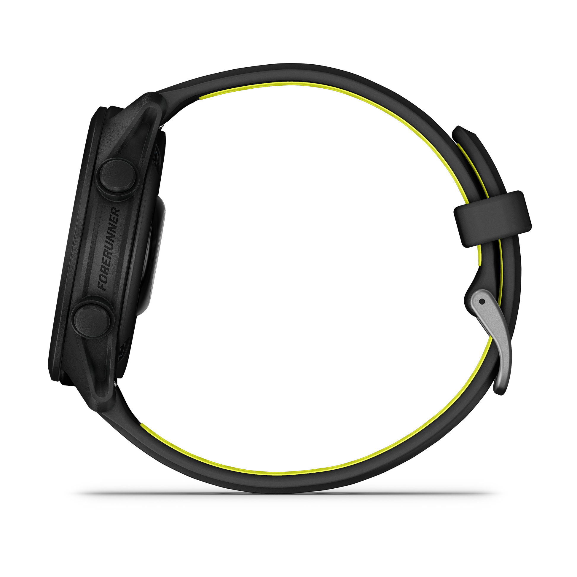 Garmin Forerunner 170 Music smartwatch, black body with bright yellow strap edge, side view highlighting controls.