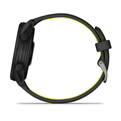Garmin Forerunner 170 Music smartwatch, black body with bright yellow strap edge, side view highlighting controls.