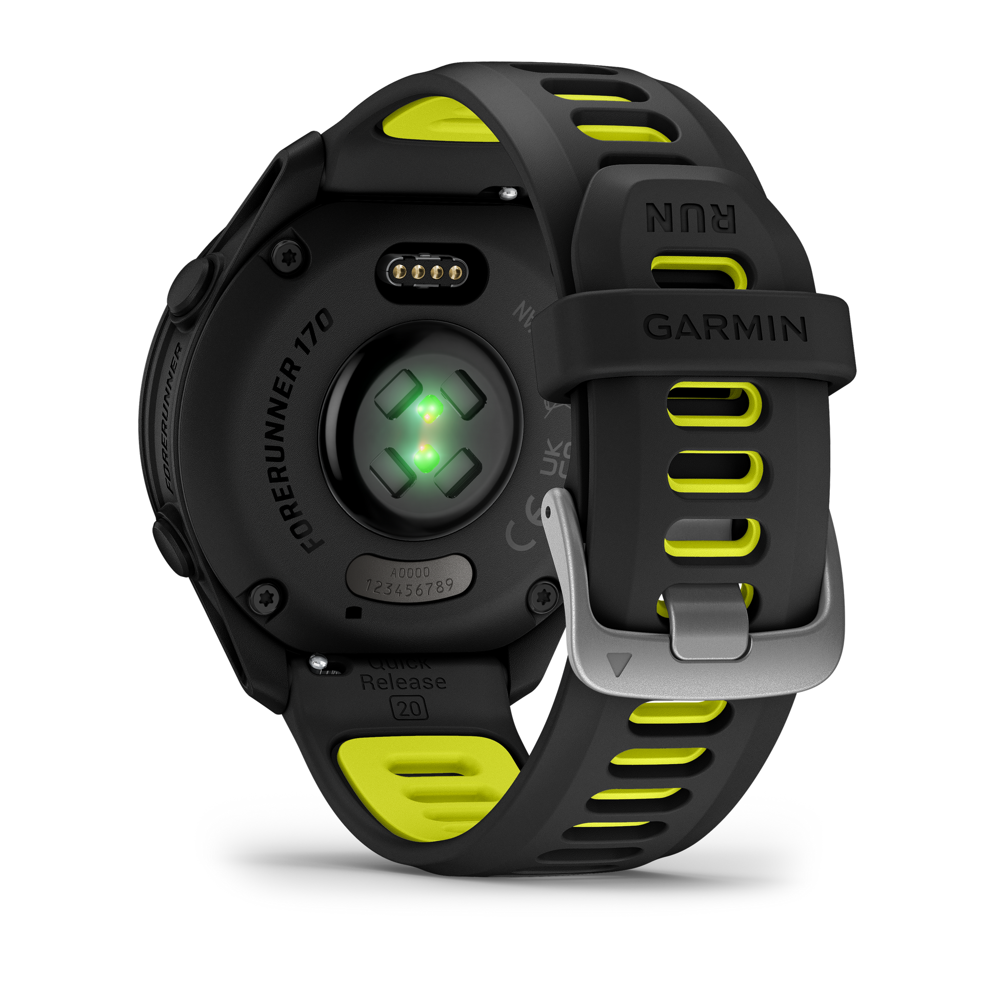 Garmin Forerunner 170 smart watch in black with yellow strap accents