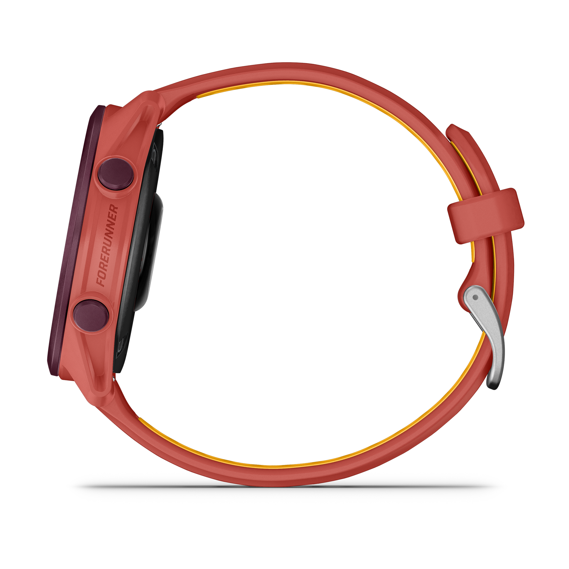 Garmin Forerunner 170 Music smartwatch with red-pink mango band, close-up of strap.