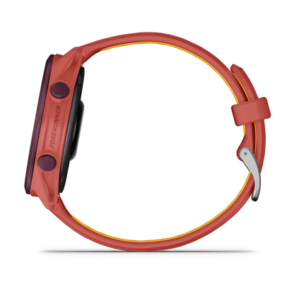 Garmin Forerunner 170 Music smartwatch with red-pink mango band, close-up of strap.