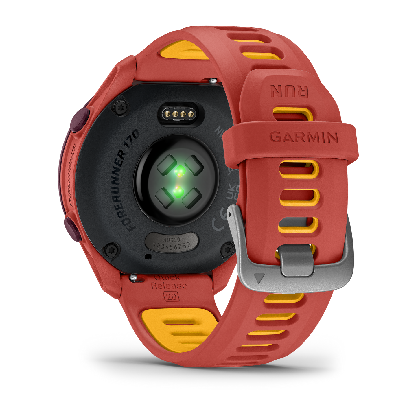 Garmin Forerunner 170 Music smartwatch with red-pink band and mango accents