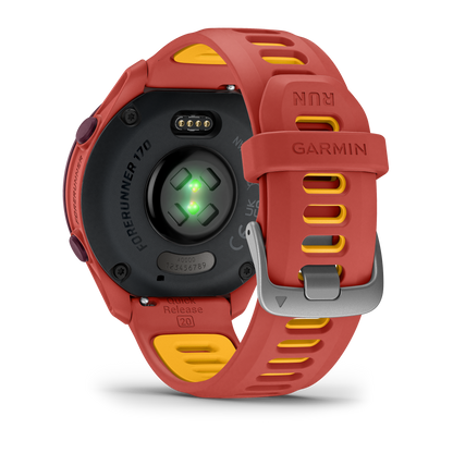 Garmin Forerunner 170 Music smartwatch with red-pink band and mango accents