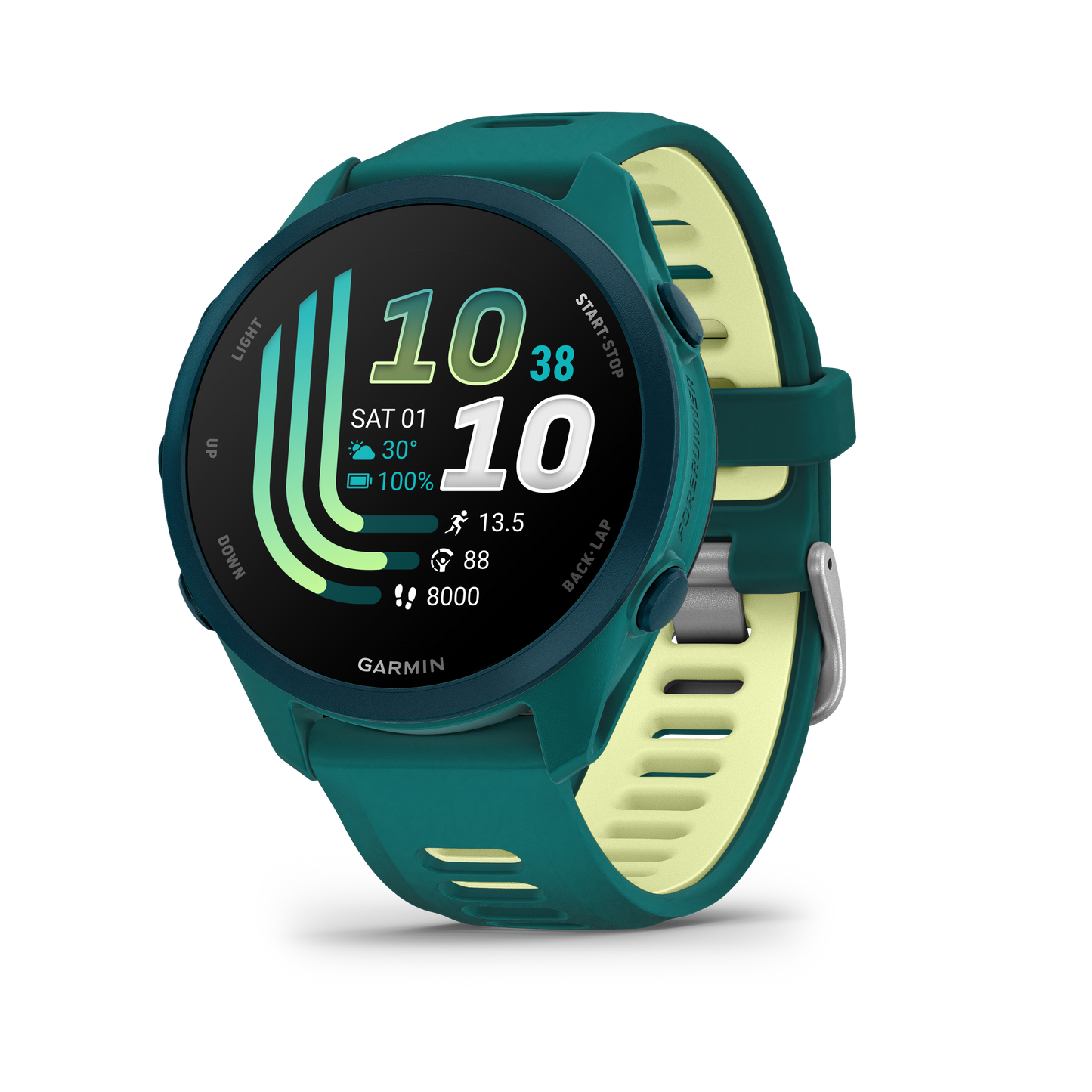 Garmin Forerunner 170 Music smart watch in teal green with citron strap