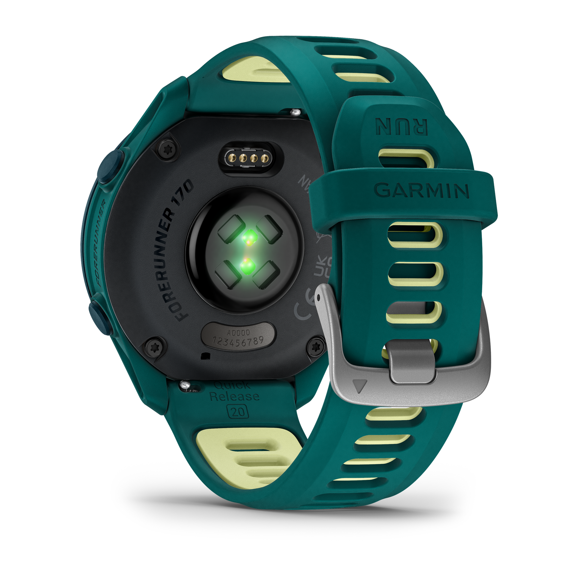Garmin Forerunner 170 Music smart watch with teal-green band and citron accents