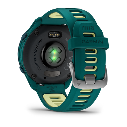 Garmin Forerunner 170 Music smart watch with teal-green band and citron accents