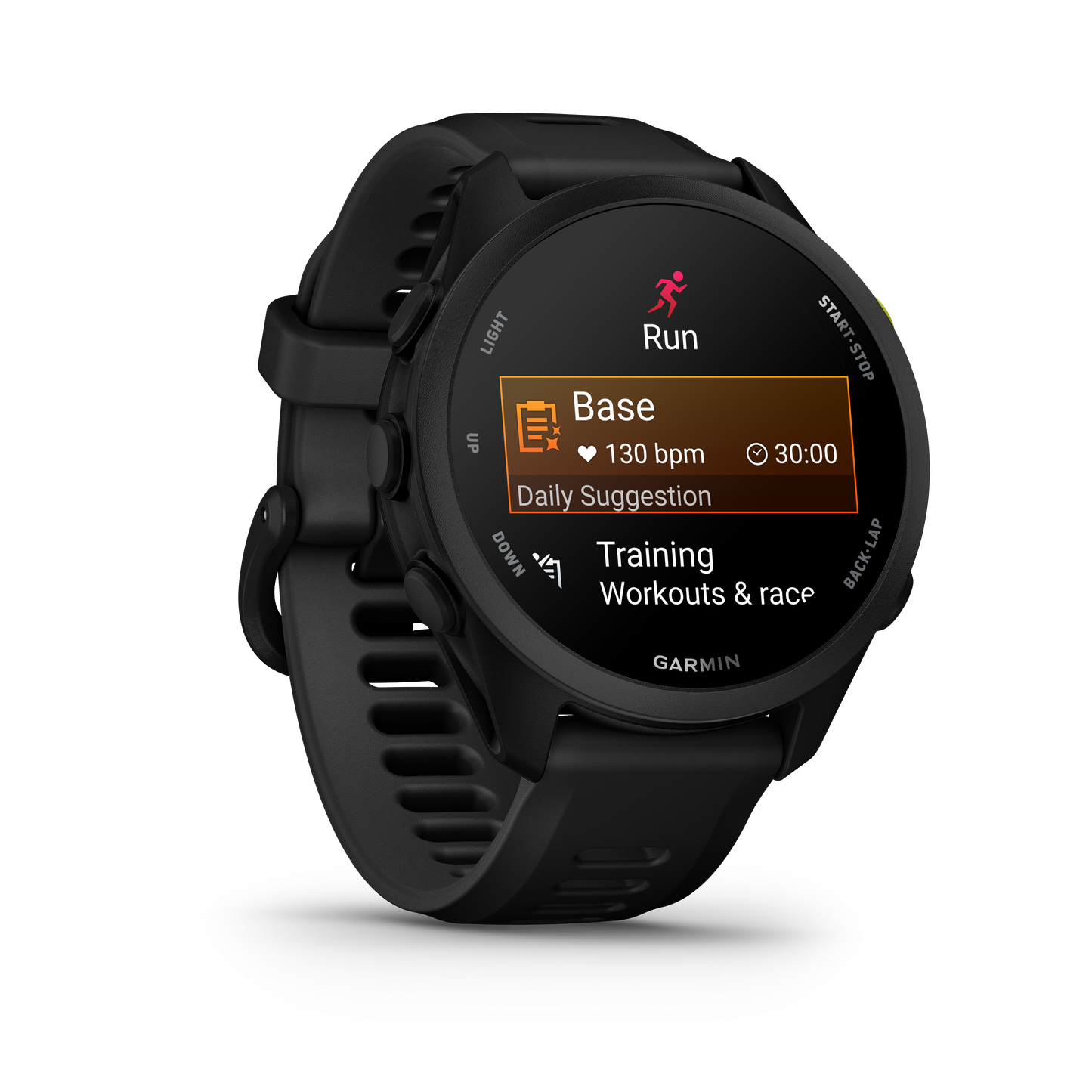 Garmin Forerunner 70 black GPS smartwatch with round display showing Run screen.