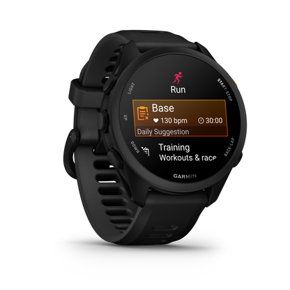 Garmin Forerunner 70 black GPS smartwatch with round display showing Run screen.