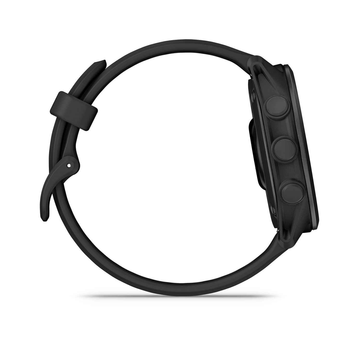 Garmin Forerunner 70 GPS smartwatch, black, close-up of strap and side buttons.
