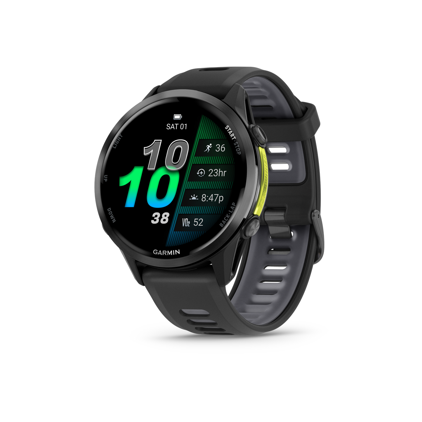 Garmin Forerunner 965, lunette en titane DLC gris carbone avec boîtier noir et bracelet en silicone jaune/noir (010-02809-02)