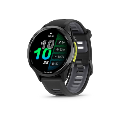 Garmin Forerunner 965, lunette en titane DLC gris carbone avec boîtier noir et bracelet en silicone jaune/noir (010-02809-02)