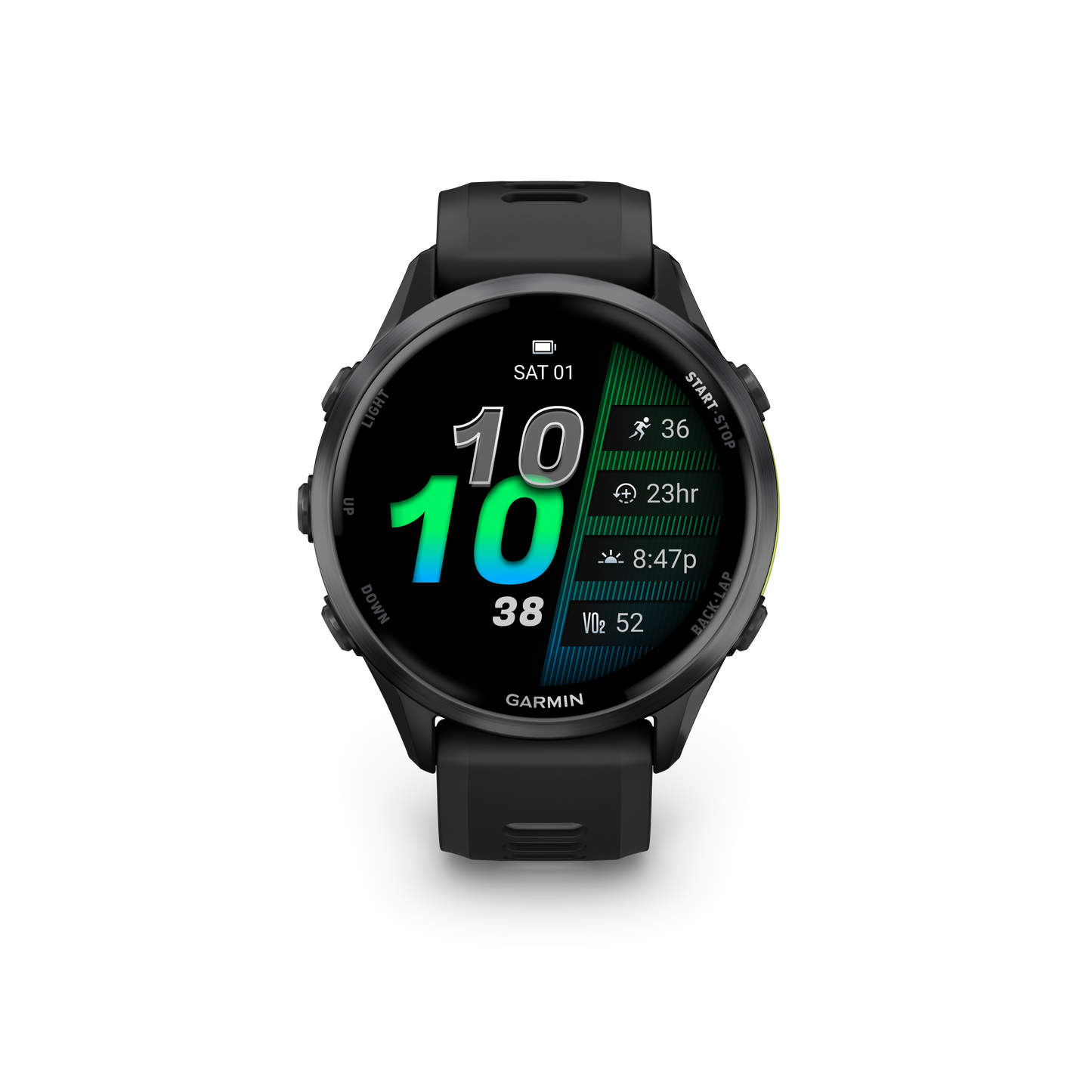 Garmin Forerunner 965, lunette en titane DLC gris carbone avec boîtier noir et bracelet en silicone jaune/noir (010-02809-02)