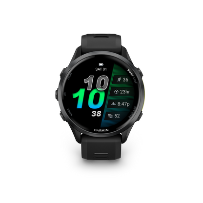 Garmin Forerunner 965, lunette en titane DLC gris carbone avec boîtier noir et bracelet en silicone jaune/noir (010-02809-02)