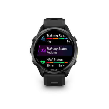 Garmin Forerunner 965, lunette en titane DLC gris carbone avec boîtier noir et bracelet en silicone jaune/noir (010-02809-02)