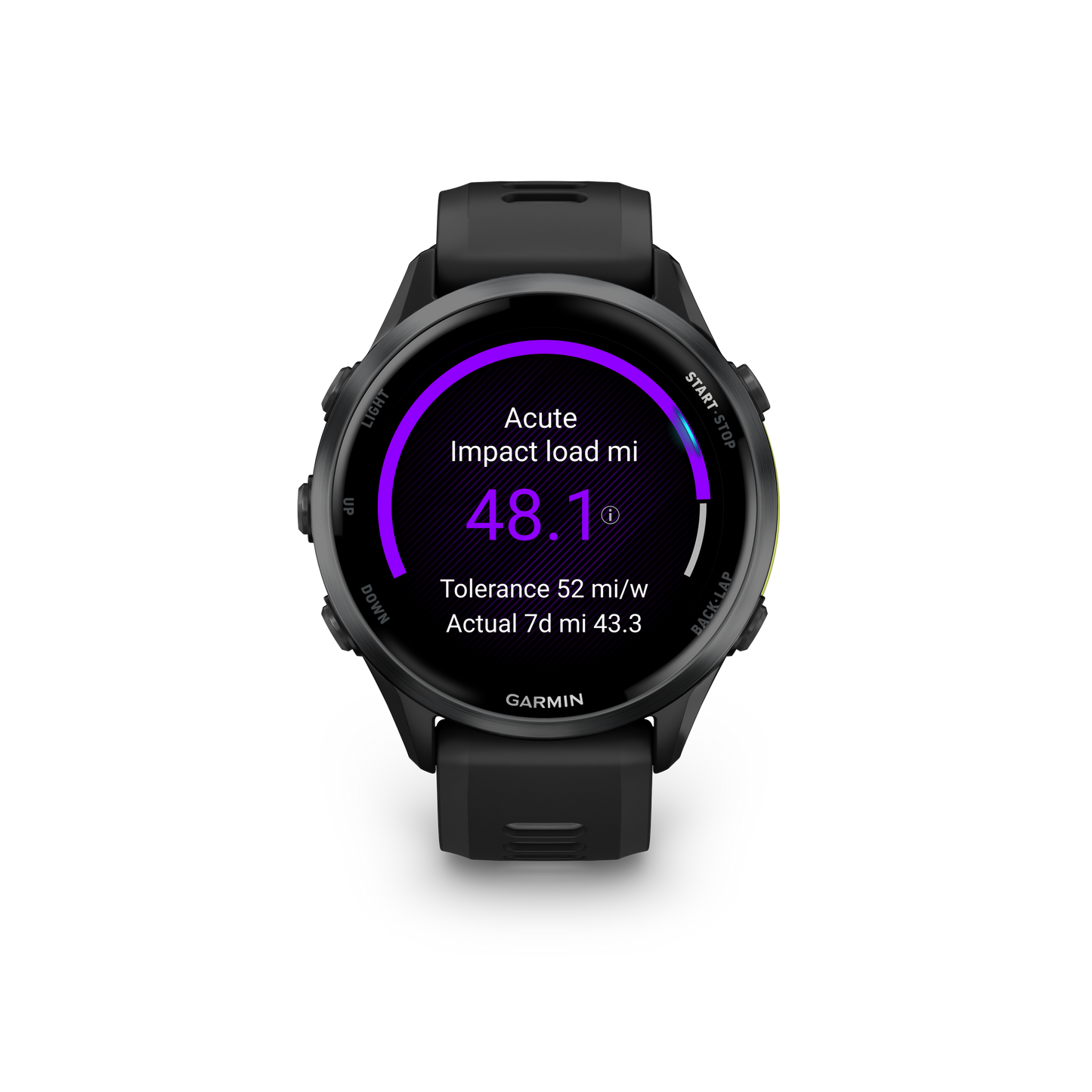 Garmin Forerunner 965, lunette en titane DLC gris carbone avec boîtier noir et bracelet en silicone jaune/noir (010-02809-02)