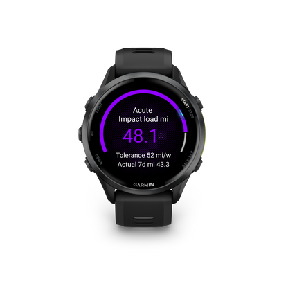 Garmin Forerunner 965, lunette en titane DLC gris carbone avec boîtier noir et bracelet en silicone jaune/noir (010-02809-02)