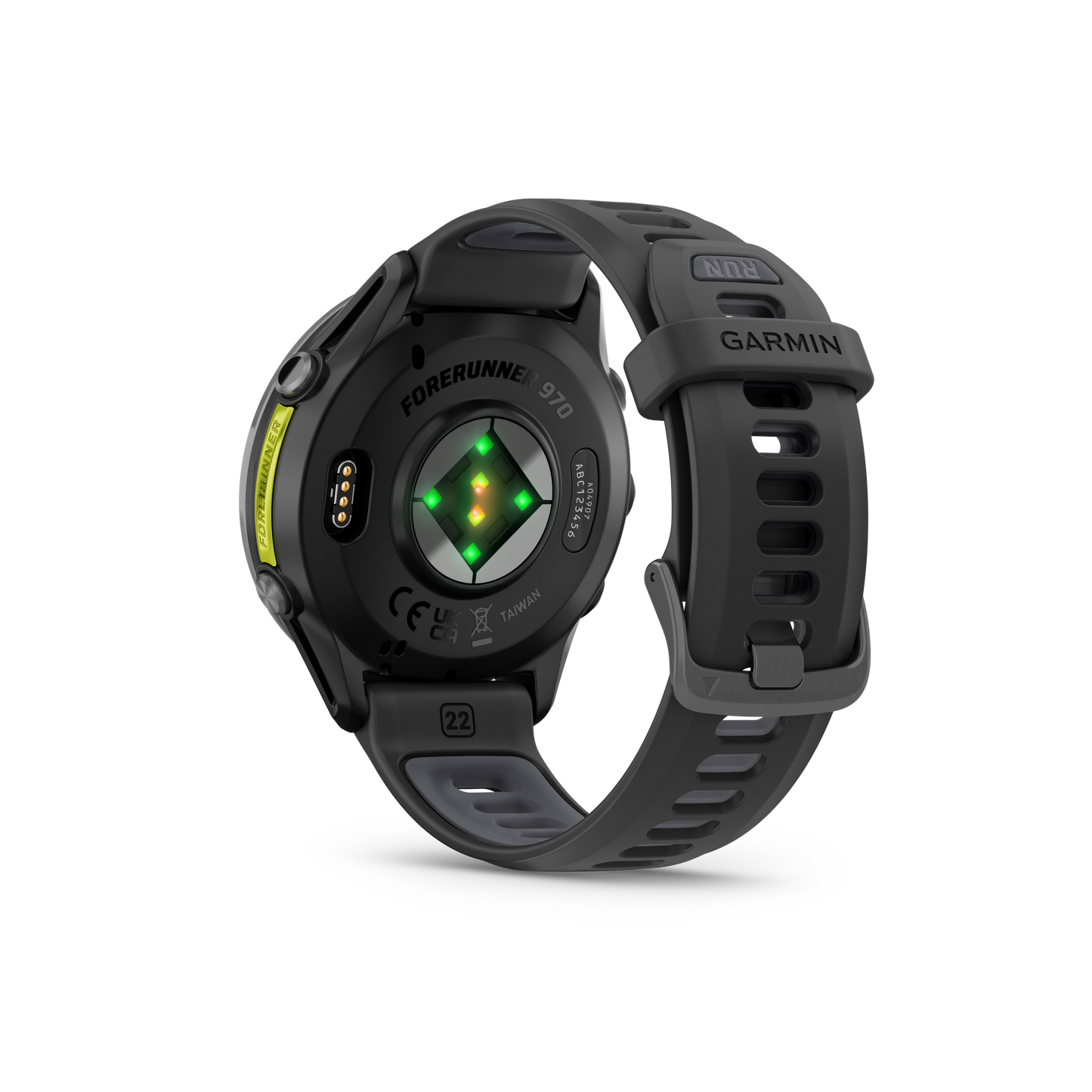 Garmin Forerunner 965, lunette en titane DLC gris carbone avec boîtier noir et bracelet en silicone jaune/noir (010-02809-02)