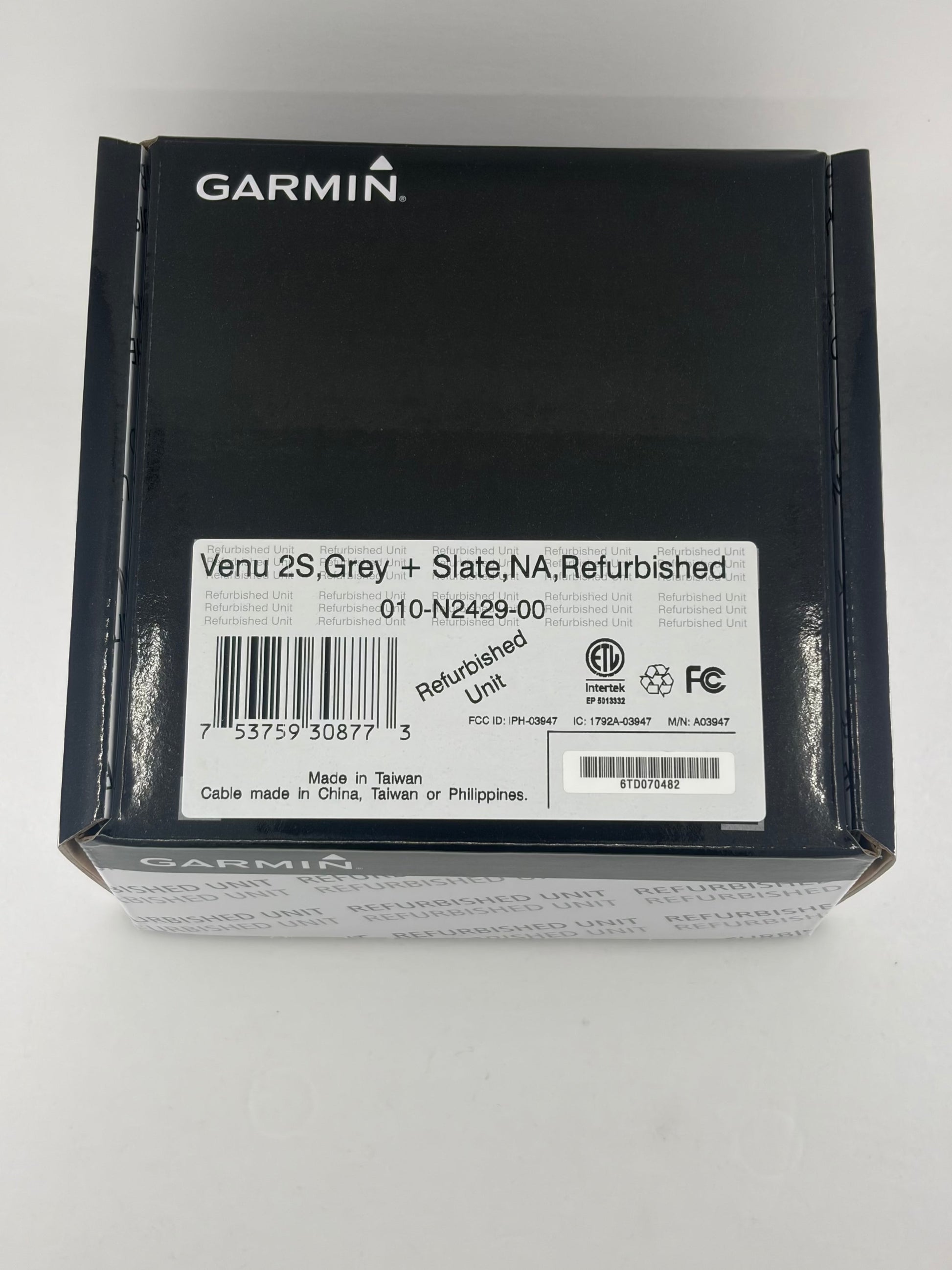 Garmin Venu 2S smartwatch box with Garmin logo, slate bezel and graphite case, refurbished unit.