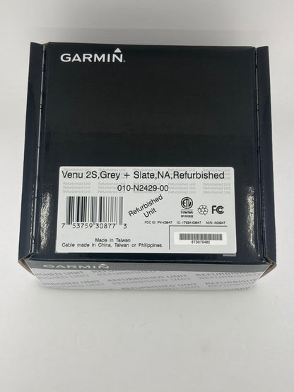Garmin Venu 2S smartwatch box with Garmin logo, slate bezel and graphite case, refurbished unit.