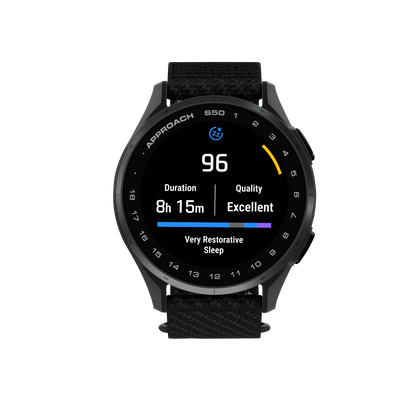Garmin Approach S50, Slate Bezel/Black ComfortFit Nylon Band, Golf GPS Smartwatch & Rangefinder (010-03010-00)