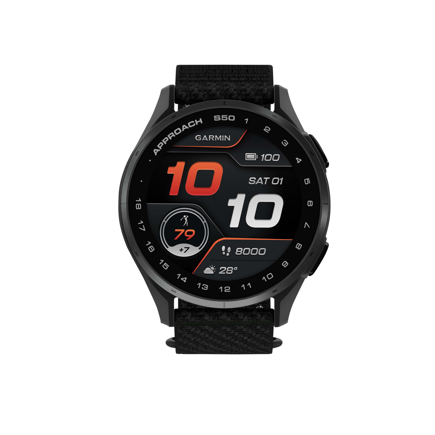 Garmin Approach S50, Slate Bezel/Black ComfortFit Nylon Band, Golf GPS Smartwatch & Rangefinder (010-03010-00)