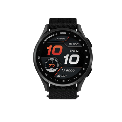 Garmin Approach S50, Slate Bezel/Black ComfortFit Nylon Band, Golf GPS Smartwatch & Rangefinder (010-03010-00)