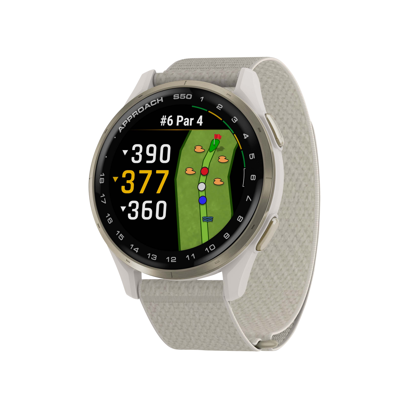 Garmin Approach S50, Gold Bezel/Ivory ComfortFit Nylon Band, Golf GPS Smartwatch & Rangefinder (010-03010-01)