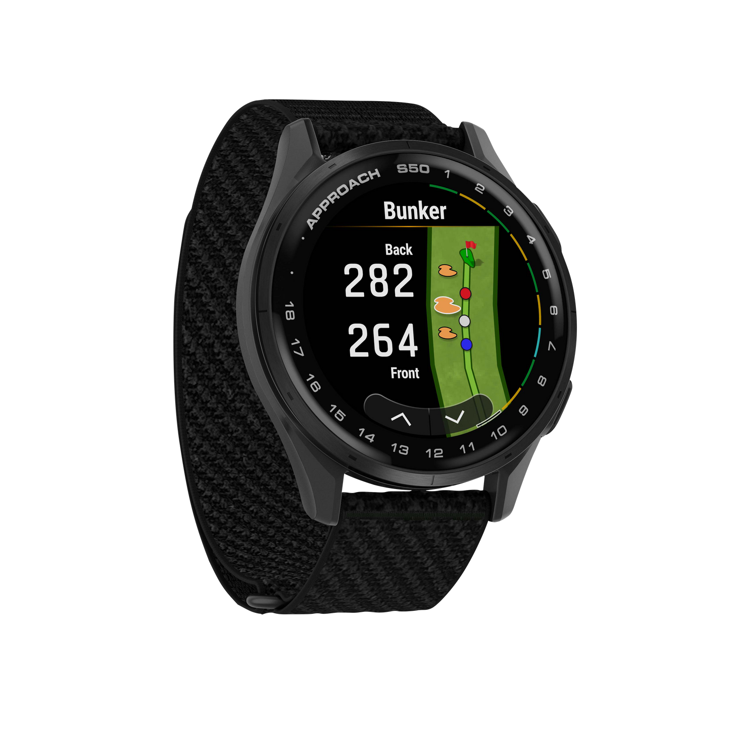 Garmin Approach S50, Slate Bezel/Black ComfortFit Nylon Band, Golf GPS Smartwatch & Rangefinder (010-03010-00)
