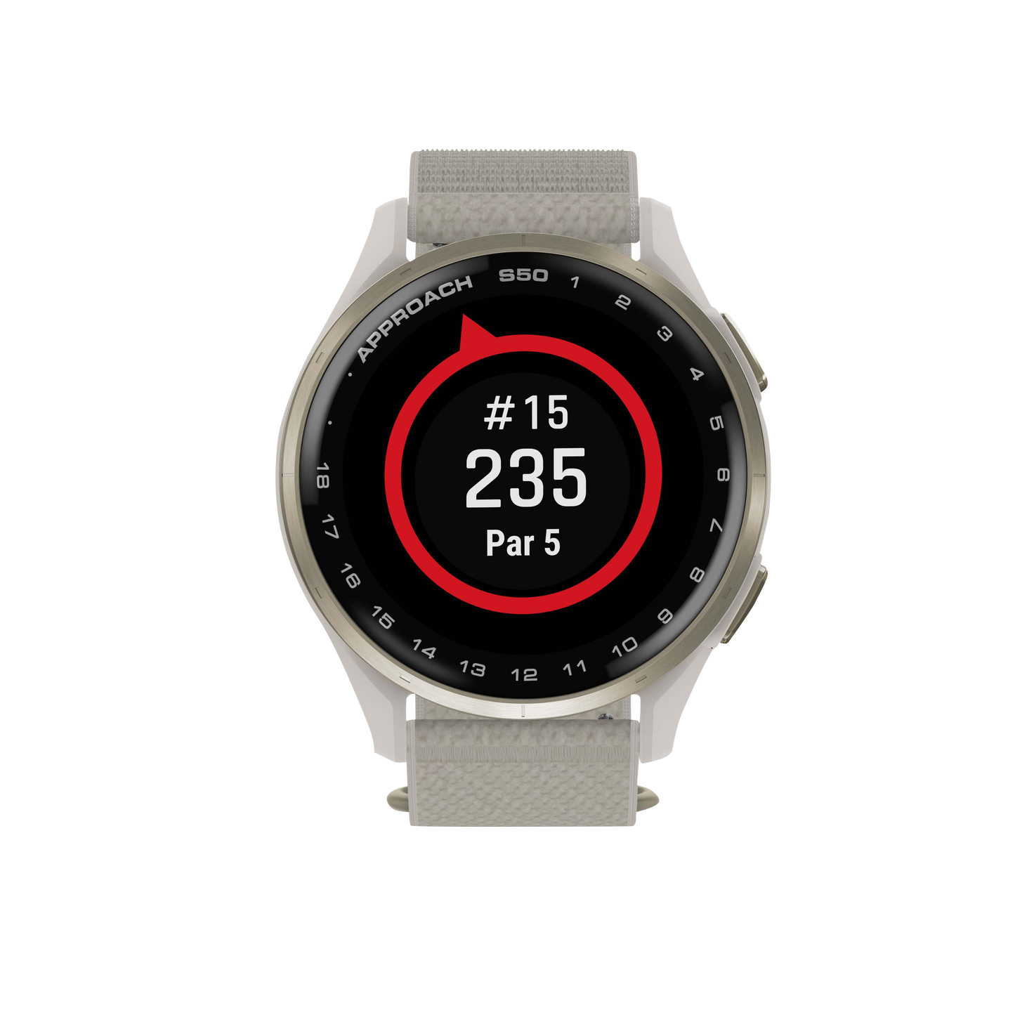 Garmin Approach S50, Gold Bezel/Ivory ComfortFit Nylon Band, Golf GPS Smartwatch & Rangefinder (010-03010-01)