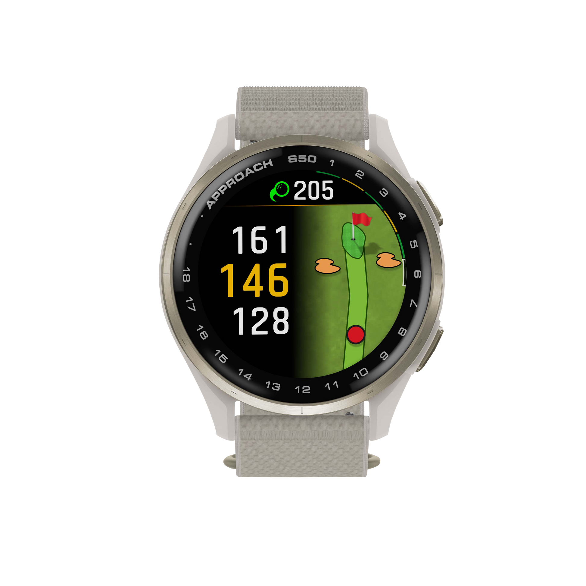 Garmin Approach S50, Gold Bezel/Ivory ComfortFit Nylon Band, Golf GPS Smartwatch & Rangefinder (010-03010-01)