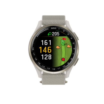 Garmin Approach S50, Gold Bezel/Ivory ComfortFit Nylon Band, Golf GPS Smartwatch & Rangefinder (010-03010-01)