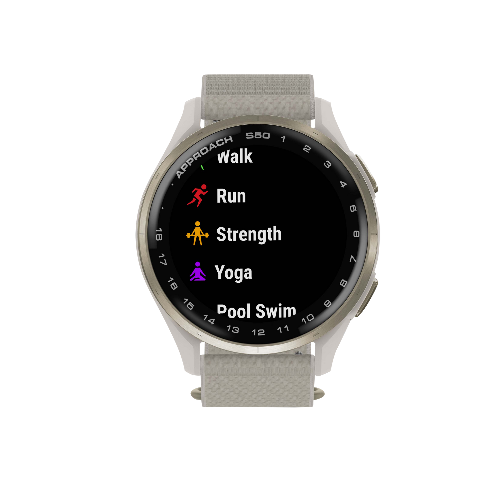 Garmin Approach S50, Gold Bezel/Ivory ComfortFit Nylon Band, Golf GPS Smartwatch & Rangefinder (010-03010-01)