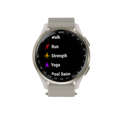 Garmin Approach S50, Gold Bezel/Ivory ComfortFit Nylon Band, Golf GPS Smartwatch & Rangefinder (010-03010-01)