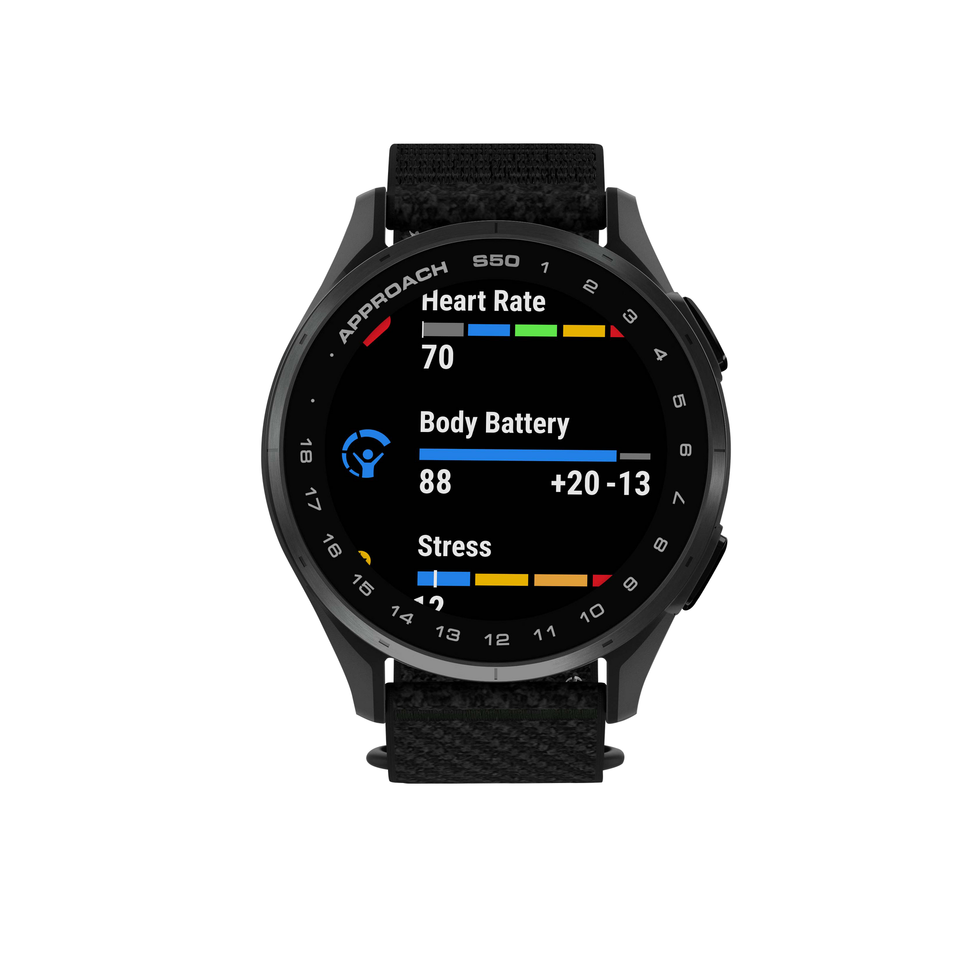 Garmin Approach S50, Slate Bezel/Black ComfortFit Nylon Band, Golf GPS Smartwatch & Rangefinder (010-03010-00)